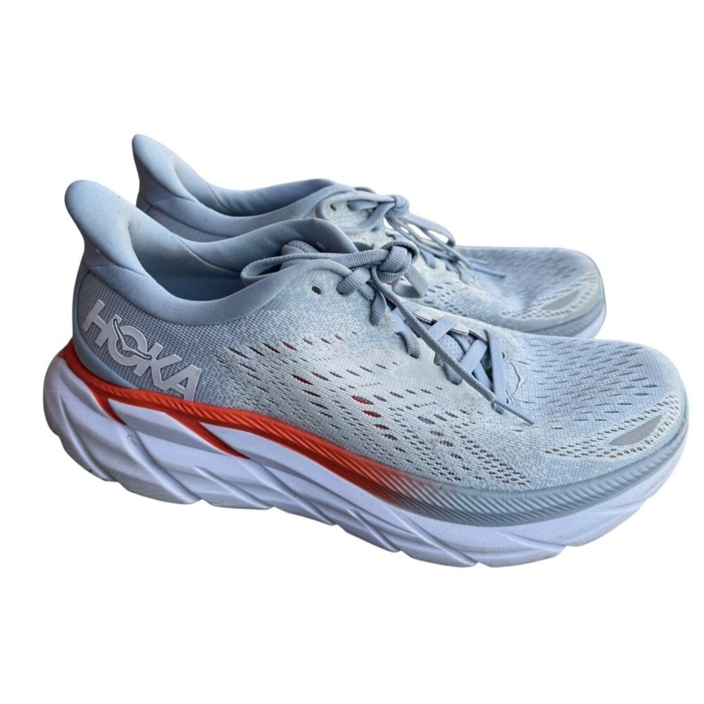 Hoka One One Womens Clifton 8 Running Shoes 8B Light Blue Orange/White NO INSOLE